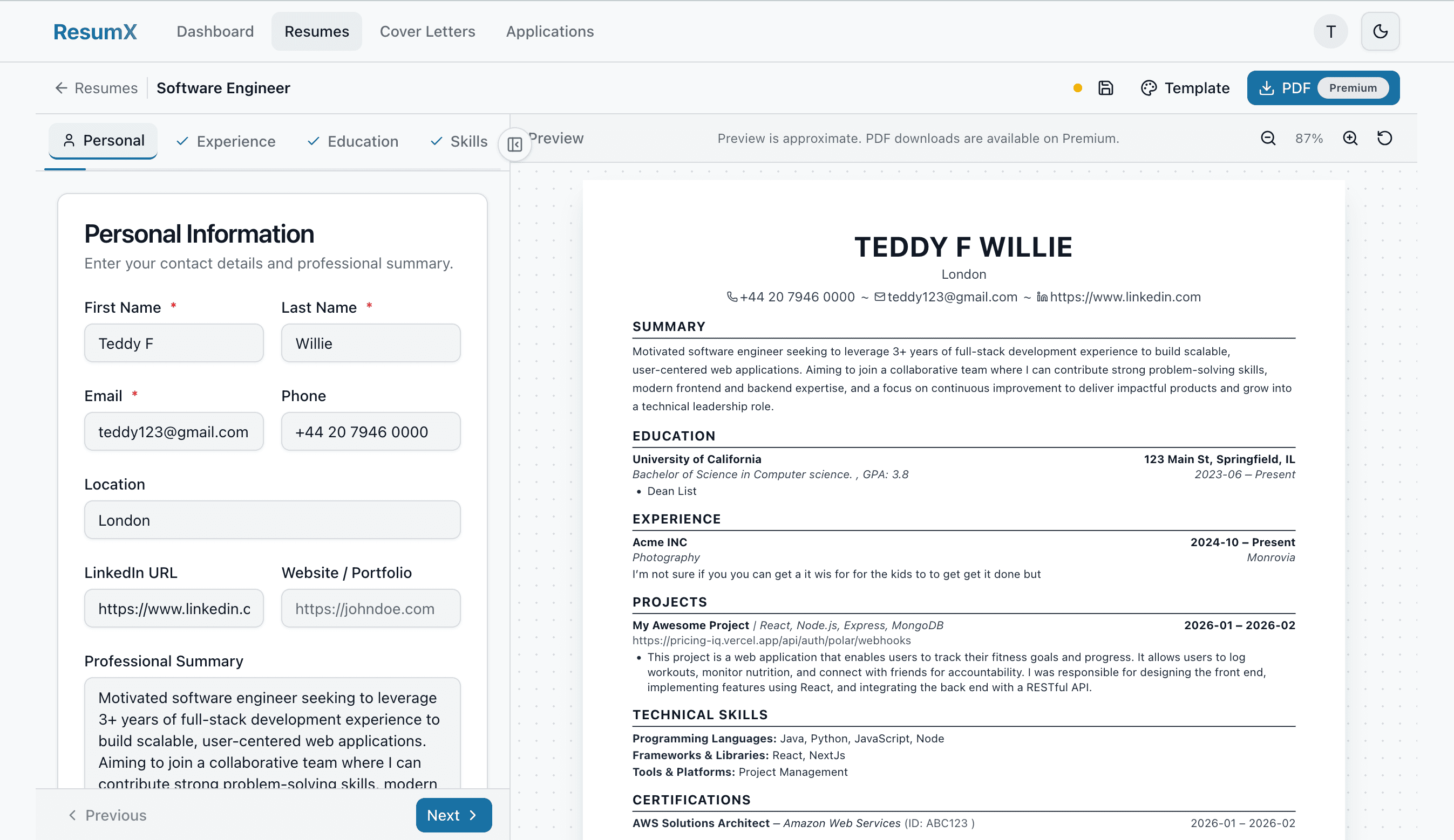 ResumX resume editor showing form fields on the left and a live resume preview on the right
